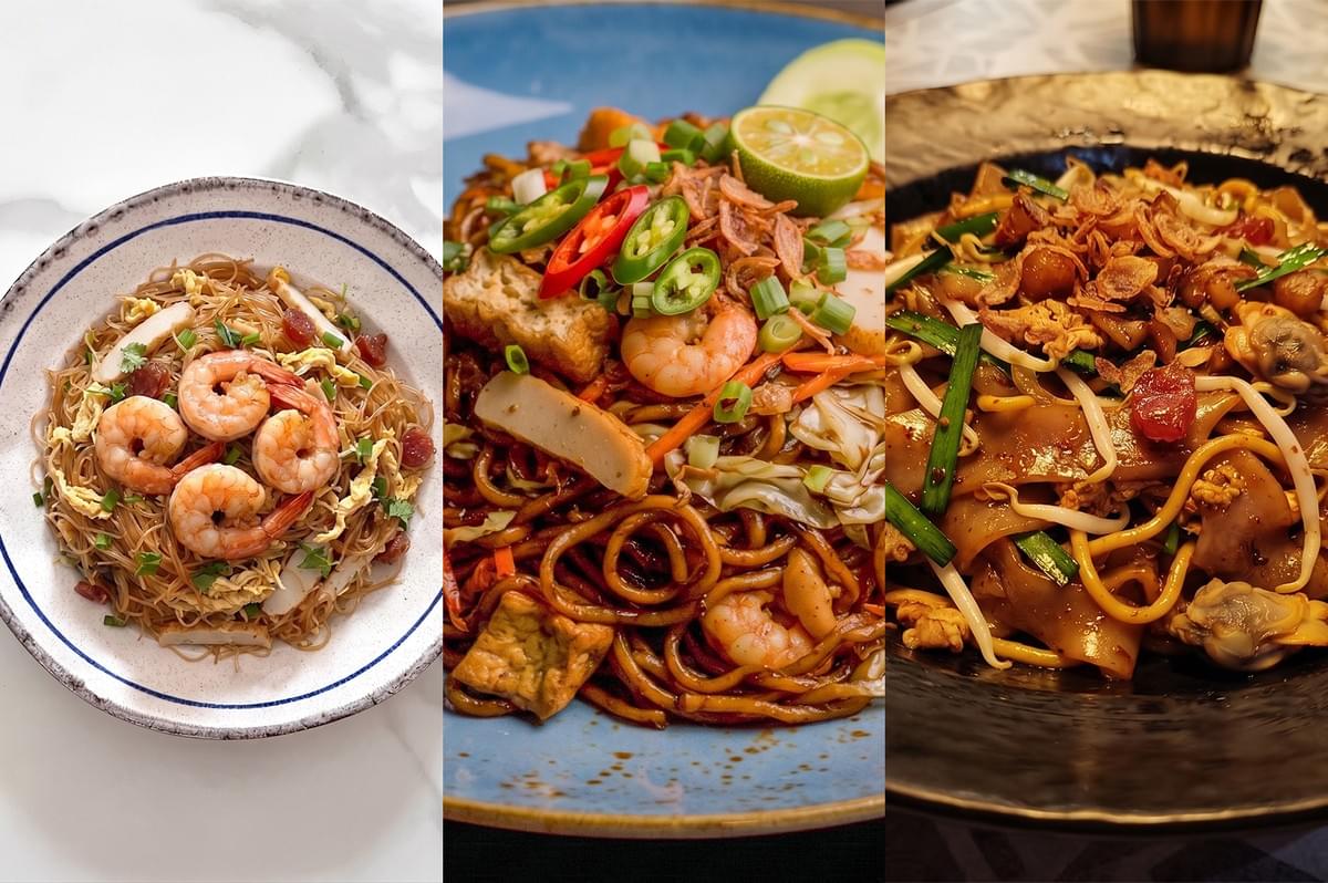 Selection of Asian stir-fried noodles including Singapore fried bee hoon, mee goreng, and fried kway teow. Selection of Asian stir-fried noodles including Singapore fried bee hoon, mee goreng, and fried kway teow.