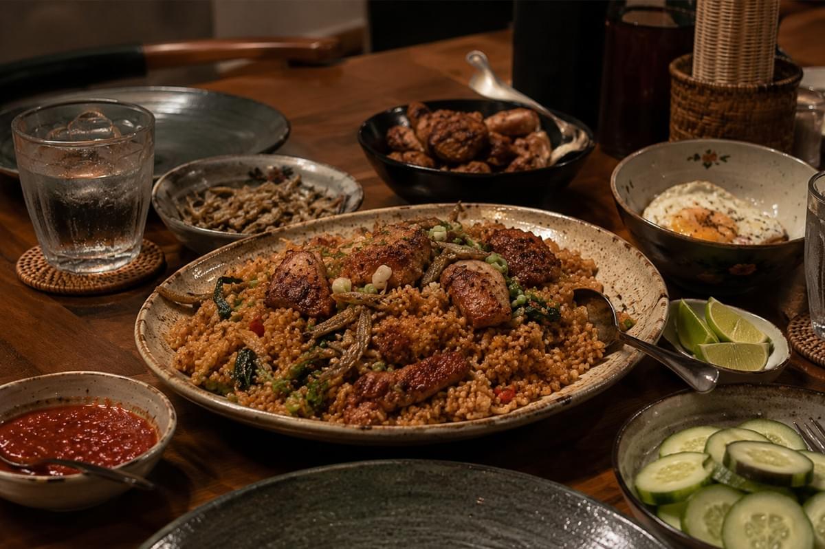 A warm, atmospheric dining table setup features a large central serving platter of kampung fried rice garnished with seared chicken pieces and herbs. Surrounding the main platter are family-style side dishes including a bowl of fried anchovies, a dish of sliced cucumbers, lime wedges, extra chili sambal, a fried egg in a small bowl, and a glass of iced water. A warm, atmospheric dining table setup features a large central serving platter of kampung fried rice garnished with seared chicken pieces and herbs. Surrounding the main platter are family-style side dishes including a bowl of fried anchovies, a dish of sliced cucumbers, lime wedges, extra chili sambal, a fried egg in a small bowl, and a glass of iced water.