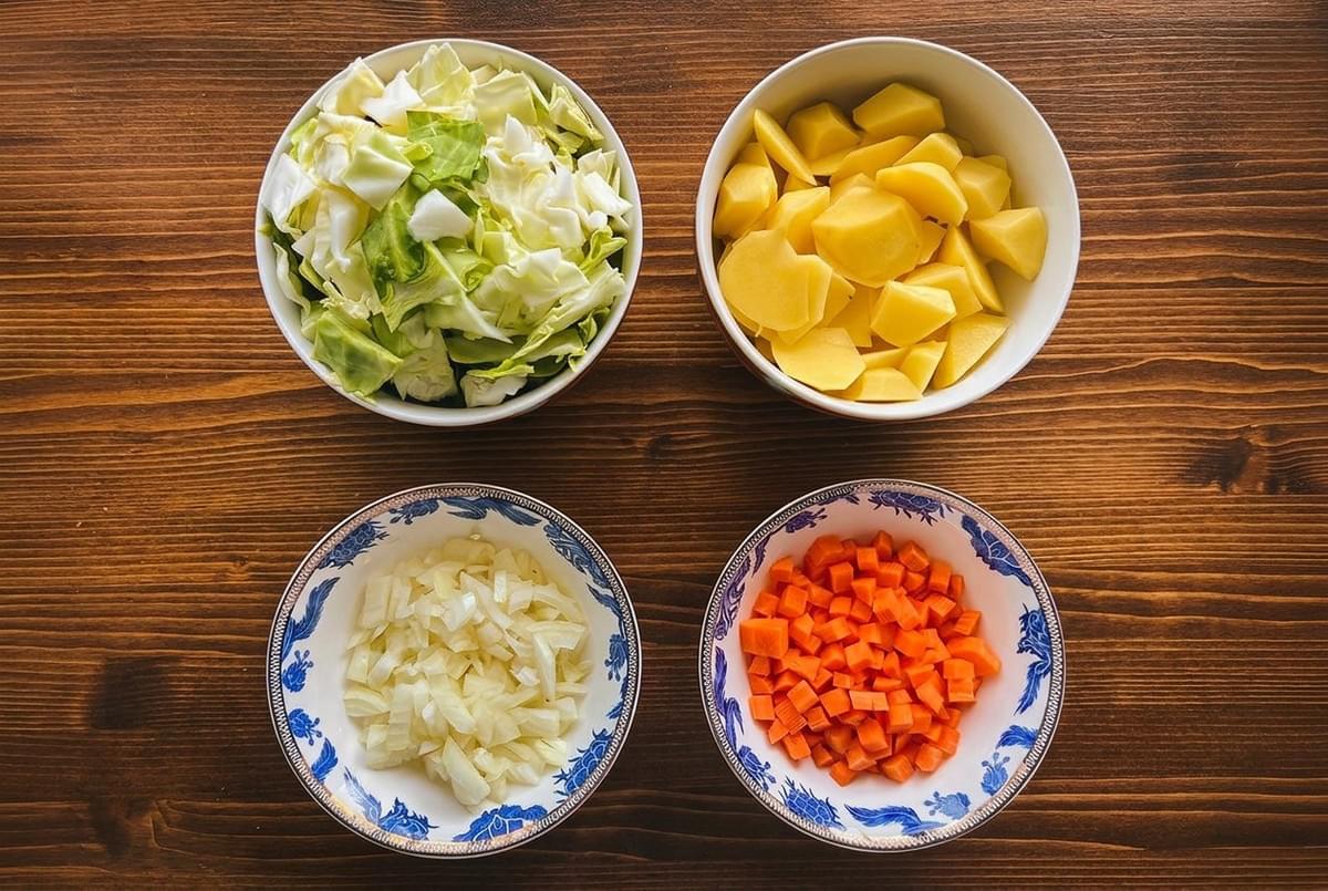 Four prep bowls containing chopped cabbage, diced potatoes, minced onions, and diced carrots on a wooden surface. Four prep bowls containing chopped cabbage, diced potatoes, minced onions, and diced carrots on a wooden surface.