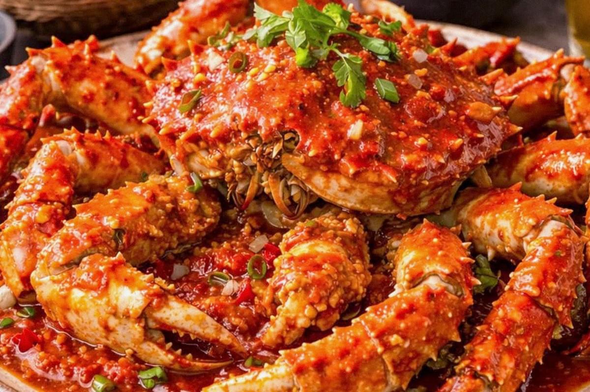 A whole crab and crab claws coated in a vibrant red chili sauce, garnished with fresh herbs. A whole crab and crab claws coated in a vibrant red chili sauce, garnished with fresh herbs.