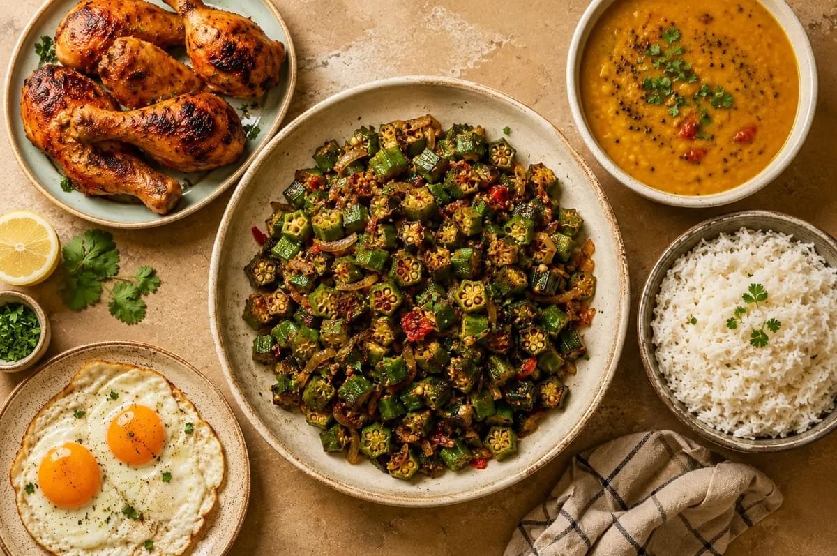 A top-down shot of a spread of Indian dishes on a tan surface. In the center is a large bowl of spiced, stir-fried okra with onions and tomatoes, surrounded by smaller bowls and plates containing roasted chicken drumsticks, a yellow lentil dal, white basmati rice, two fried eggs, a lemon half, and chopped cilantro. A top-down shot of a spread of Indian dishes on a tan surface. In the center is a large bowl of spiced, stir-fried okra with onions and tomatoes, surrounded by smaller bowls and plates containing roasted chicken drumsticks, a yellow lentil dal, white basmati rice, two fried eggs, a lemon half, and chopped cilantro.