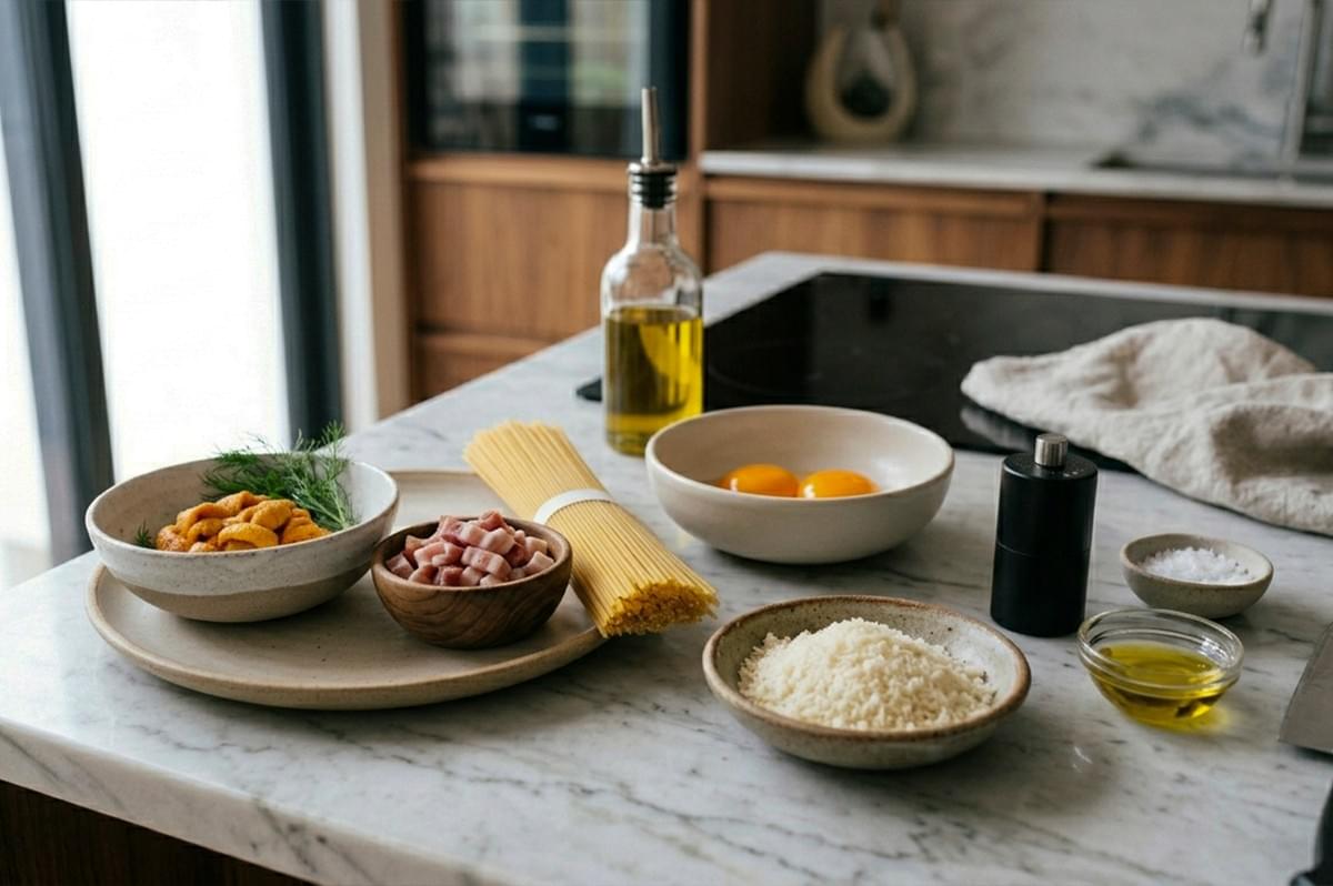 A high-angle "mise en place" shot showing the fresh ingredients for Uni Carbonara arranged on a white marble kitchen island. In the foreground are several ceramic bowls containing fresh orange sea urchin with dill, cubed raw pancetta or guanciale, finely grated Pecorino Romano cheese, and two bright yellow egg yolks. A bundle of dry spaghetti tied with a white paper band sits in the center. In the background, a bottle of olive oil, a black pepper grinder, and a small dish of sea salt complete the arrangement under soft, natural light. A high-angle "mise en place" shot showing the fresh ingredients for Uni Carbonara arranged on a white marble kitchen island. In the foreground are several ceramic bowls containing fresh orange sea urchin with dill, cubed raw pancetta or guanciale, finely grated Pecorino Romano cheese, and two bright yellow egg yolks. A bundle of dry spaghetti tied with a white paper band sits in the center. In the background, a bottle of olive oil, a black pepper grinder, and a small dish of sea salt complete the arrangement under soft, natural light.