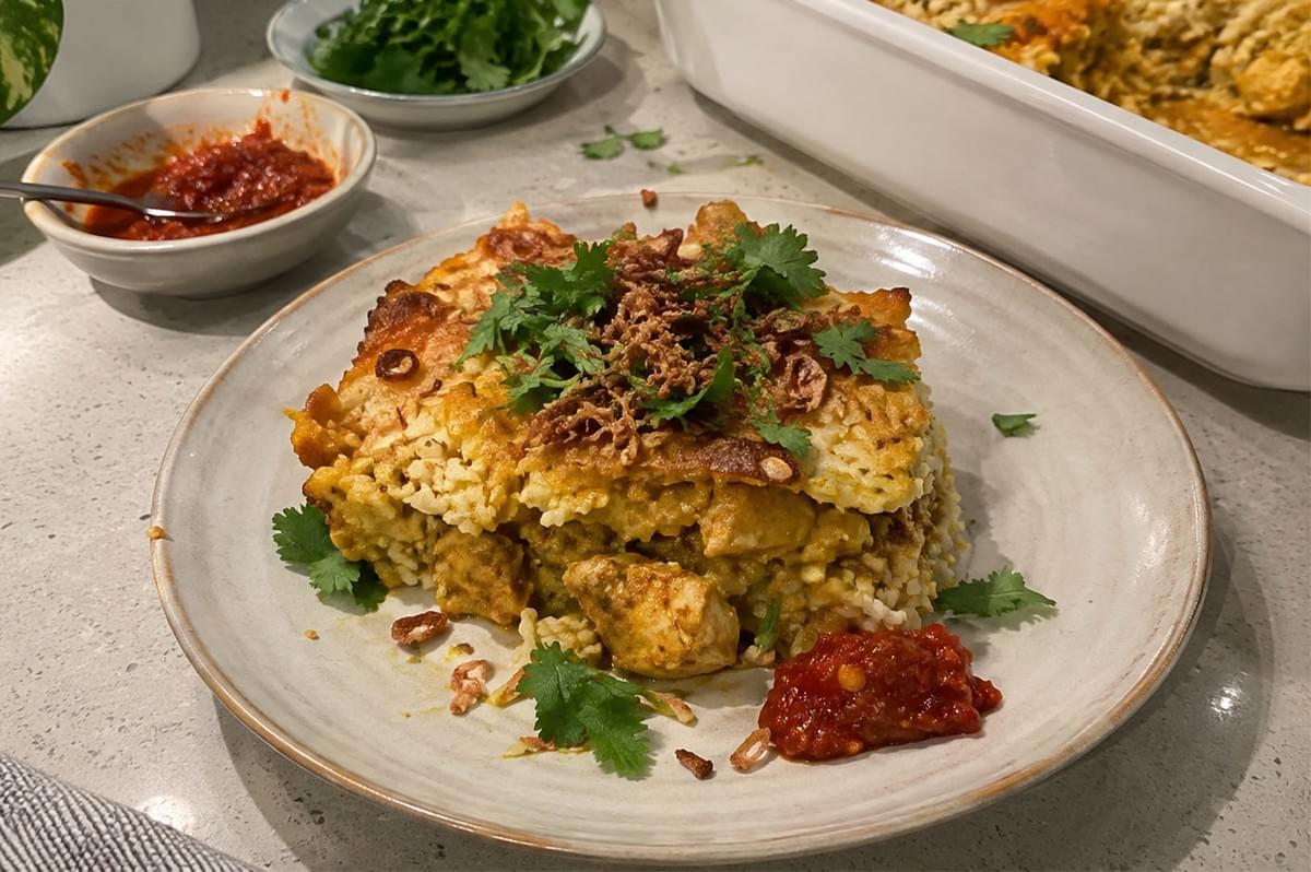 A single serving of a curry chicken rice bake plated on a light ceramic dish, featuring visible layers of tender curry-marinated chicken chunks, potatoes, and rice topped with a golden baked crust. The dish is garnished with crispy fried shallots, fresh cilantro leaves, and a side dollop of bright red chili paste. A single serving of a curry chicken rice bake plated on a light ceramic dish, featuring visible layers of tender curry-marinated chicken chunks, potatoes, and rice topped with a golden baked crust. The dish is garnished with crispy fried shallots, fresh cilantro leaves, and a side dollop of bright red chili paste.
