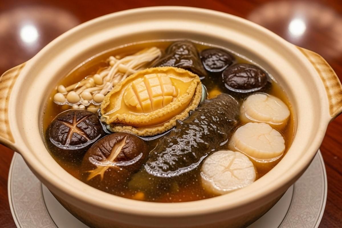 This close-up view presents a luxurious seafood soup featuring a prominent, scored abalone, a dark textured sea cucumber, and tender white scallops submerged in a rich amber broth. The premium dish is garnished with decorative shiitake mushrooms and delicate enoki strands, served in a traditional beige ceramic pot that highlights the elegance of the ingredients. This close-up view presents a luxurious seafood soup featuring a prominent, scored abalone, a dark textured sea cucumber, and tender white scallops submerged in a rich amber broth. The premium dish is garnished with decorative shiitake mushrooms and delicate enoki strands, served in a traditional beige ceramic pot that highlights the elegance of the ingredients.
