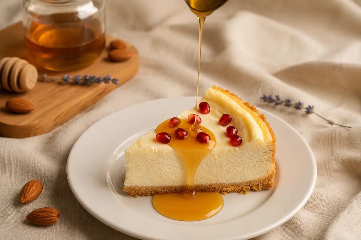 Slice of cheesecake topped with pomegranate seeds being drizzled with honey from a spoon. Slice of cheesecake topped with pomegranate seeds being drizzled with honey from a spoon.