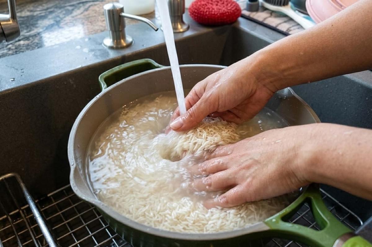 Hands rinsing raw rice in a pot under running water Hands rinsing raw rice in a pot under running water