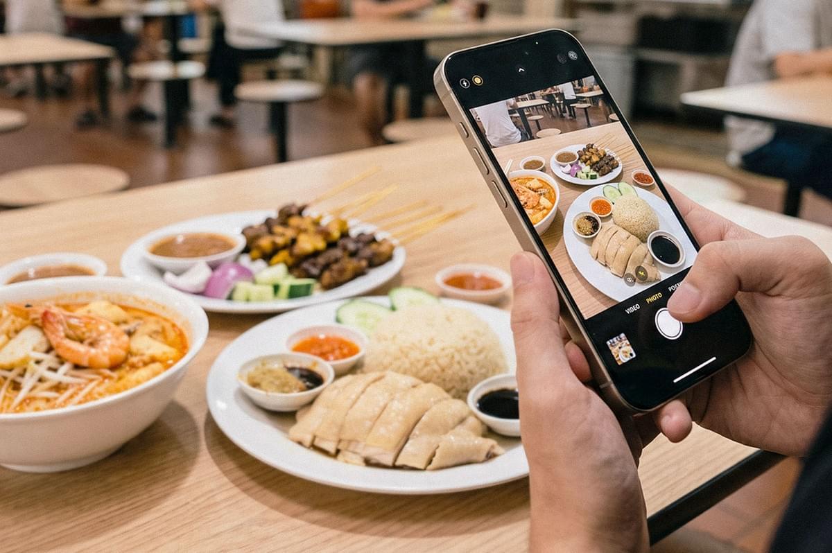 An iPhone photographing a meal of chicken rice, noodles, and satay at a hawker center. An iPhone photographing a meal of chicken rice, noodles, and satay at a hawker center.