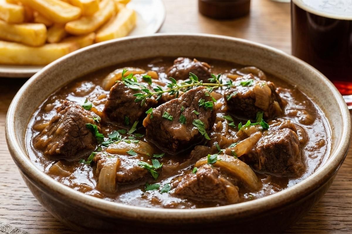 Close-up of rich Carbonnade Flamande in a ceramic bowl, featuring tender beef chunks, caramelized onions, and fresh thyme. Close-up of rich Carbonnade Flamande in a ceramic bowl, featuring tender beef chunks, caramelized onions, and fresh thyme.