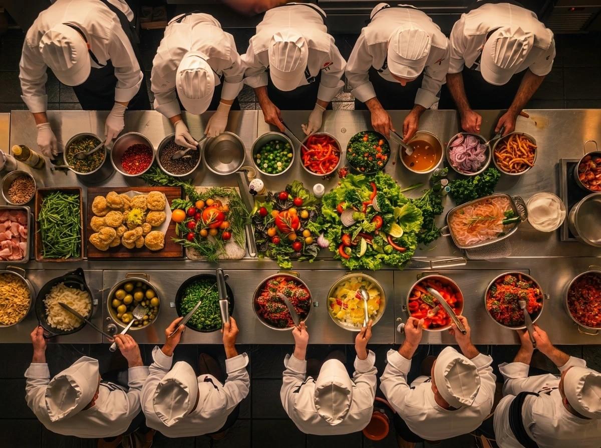 An overhead, symmetrical view of two rows of chefs in white uniforms facing each other across a long stainless steel counter, actively prepping and serving a vibrant array of colorful salads, vegetables, and side dishes. An overhead, symmetrical view of two rows of chefs in white uniforms facing each other across a long stainless steel counter, actively prepping and serving a vibrant array of colorful salads, vegetables, and side dishes.