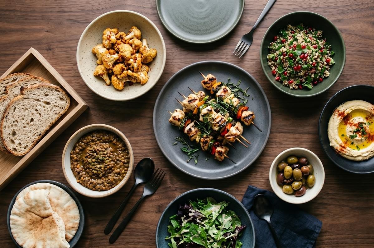 A Mediterranean-style feast featuring grilled chicken skewers, hummus, olives, lentil soup, tabbouleh, cauliflower, and pita bread on a wooden table. A Mediterranean-style feast featuring grilled chicken skewers, hummus, olives, lentil soup, tabbouleh, cauliflower, and pita bread on a wooden table.