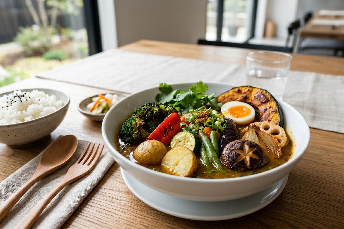 A vibrant bowl of Japanese vegetable soup curry featuring roasted squash, broccoli, shiitake mushrooms, and a soft-boiled egg, served with a side of steamed rice. A vibrant bowl of Japanese vegetable soup curry featuring roasted squash, broccoli, shiitake mushrooms, and a soft-boiled egg, served with a side of steamed rice.