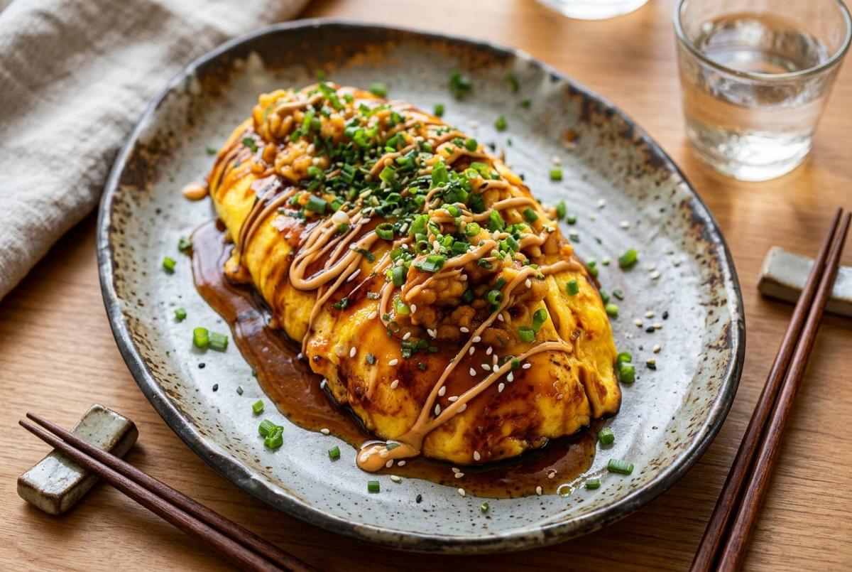 Omurice on a speckled oval plate drizzled with savory sauces, sesame seeds, and chopped scallions. Omurice on a speckled oval plate drizzled with savory sauces, sesame seeds, and chopped scallions.