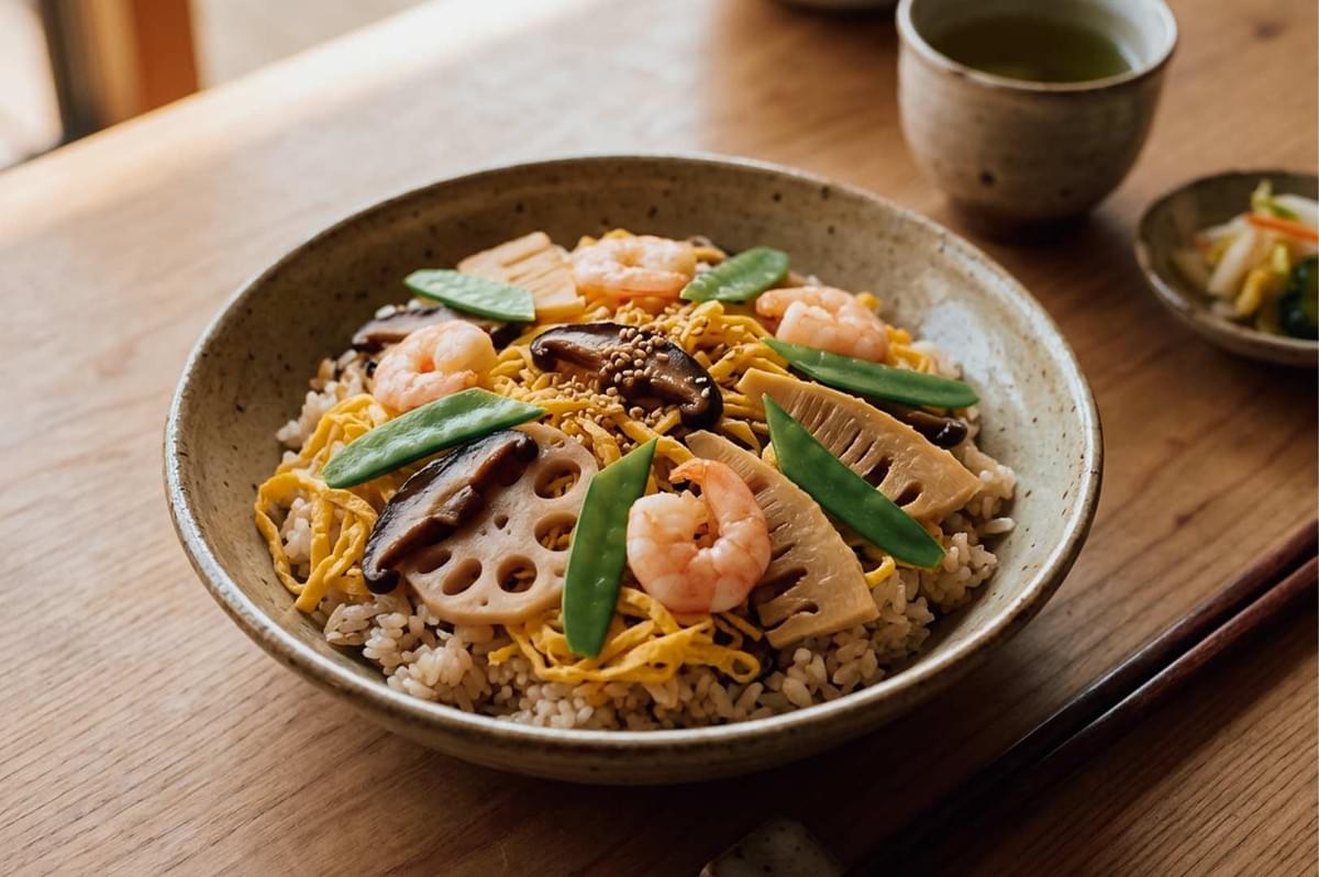 A bowl of home-style chirashi rice topped with cooked ingredients, including pink poached shrimp, sliced lotus root, bamboo shoots, shiitake mushrooms, shredded egg crepe, and vibrant green snow peas, served in a ceramic bowl on a wooden dining table alongside green tea and pickles. A bowl of home-style chirashi rice topped with cooked ingredients, including pink poached shrimp, sliced lotus root, bamboo shoots, shiitake mushrooms, shredded egg crepe, and vibrant green snow peas, served in a ceramic bowl on a wooden dining table alongside green tea and pickles.