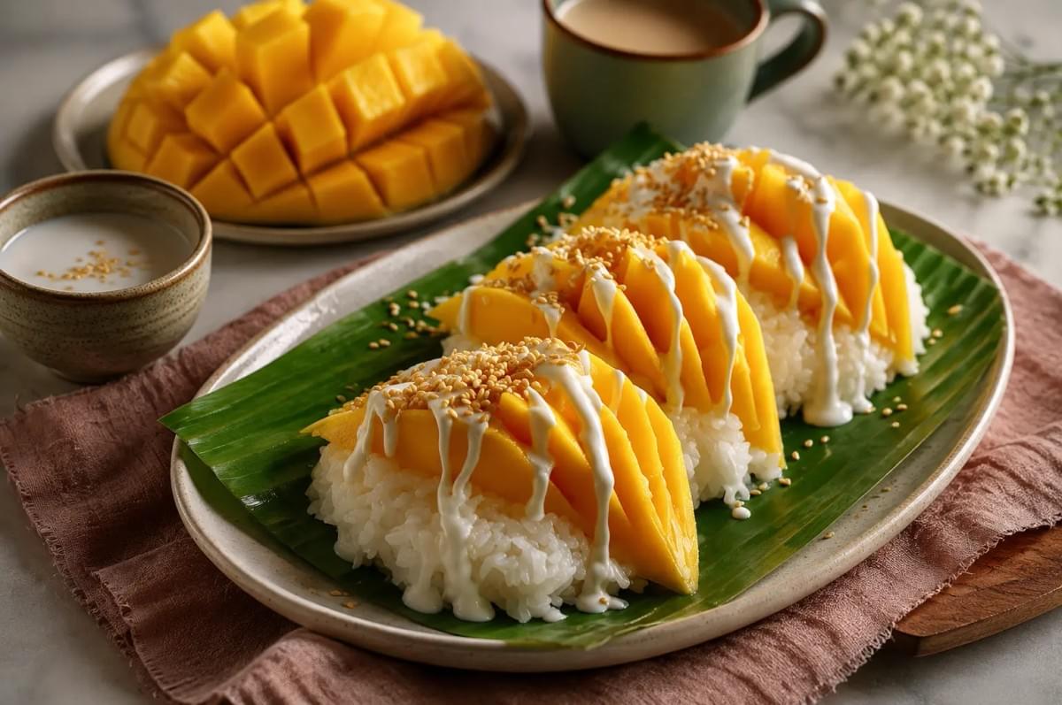 Three portions of mango sticky rice drizzled with coconut cream and topped with sesame seeds. Three portions of mango sticky rice drizzled with coconut cream and topped with sesame seeds.