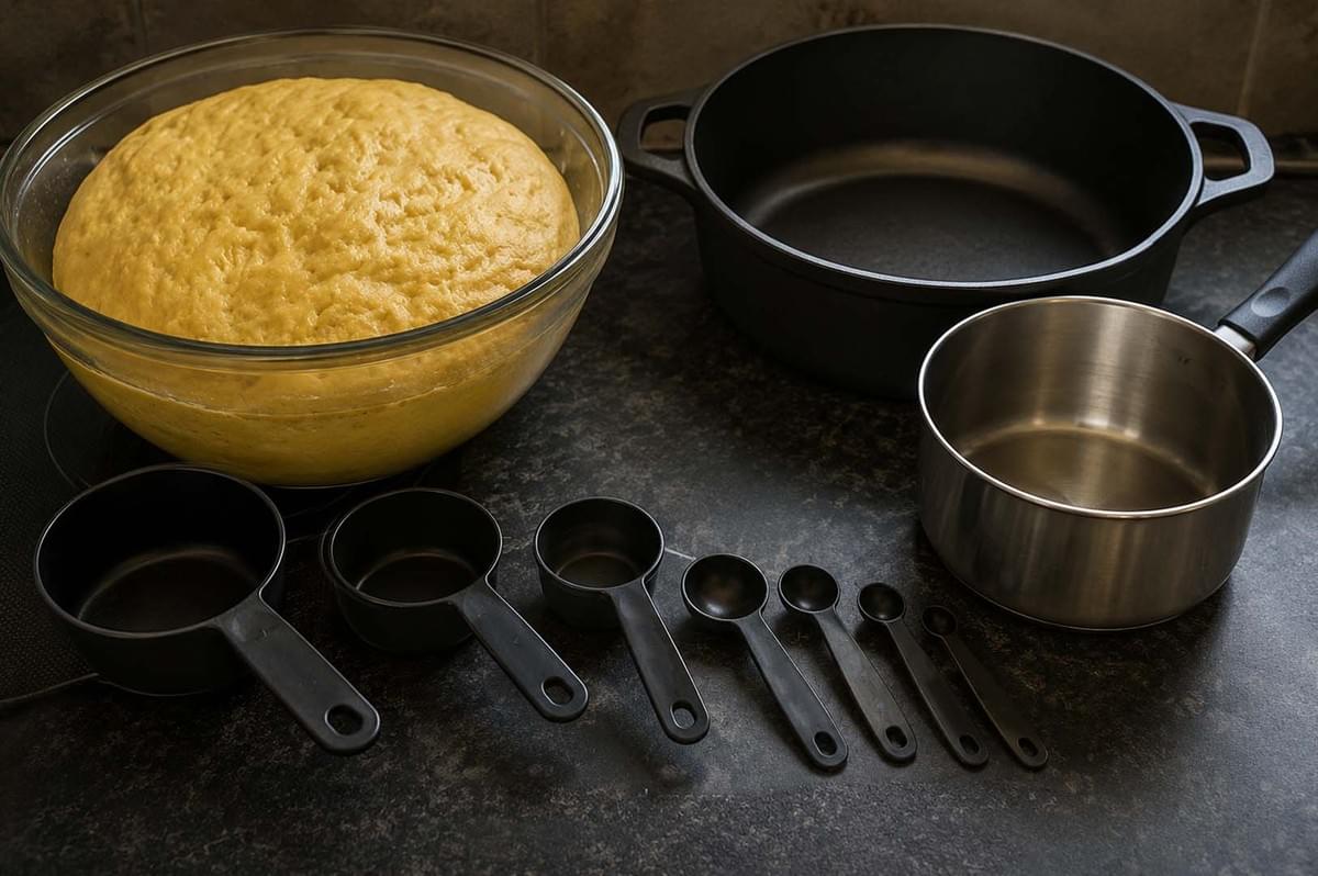 Dough preparation with pots and measuring tools for making bara Dough preparation with pots and measuring tools for making bara