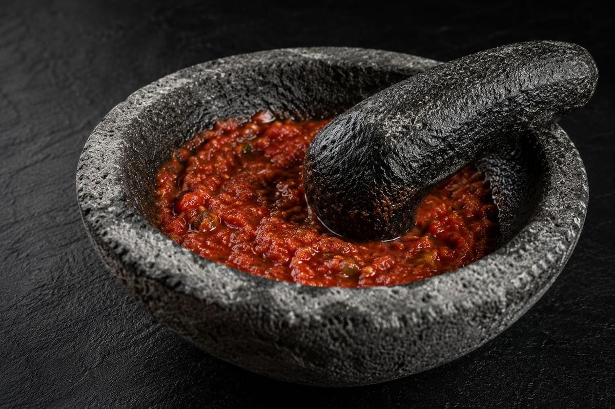 Traditional stone mortar and pestle with freshly ground red sambal chili paste Traditional stone mortar and pestle with freshly ground red sambal chili paste