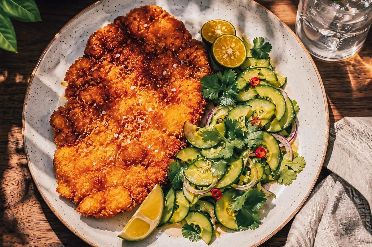 Top-down overhead shot of crispy German schnitzel served with fresh cucumber salad, calamansi halves, herbs, and chili, showcasing a lighter tropical adaptation of traditional German comfort food in a warm climate Top-down overhead shot of crispy German schnitzel served with fresh cucumber salad, calamansi halves, herbs, and chili, showcasing a lighter tropical adaptation of traditional German comfort food in a warm climate