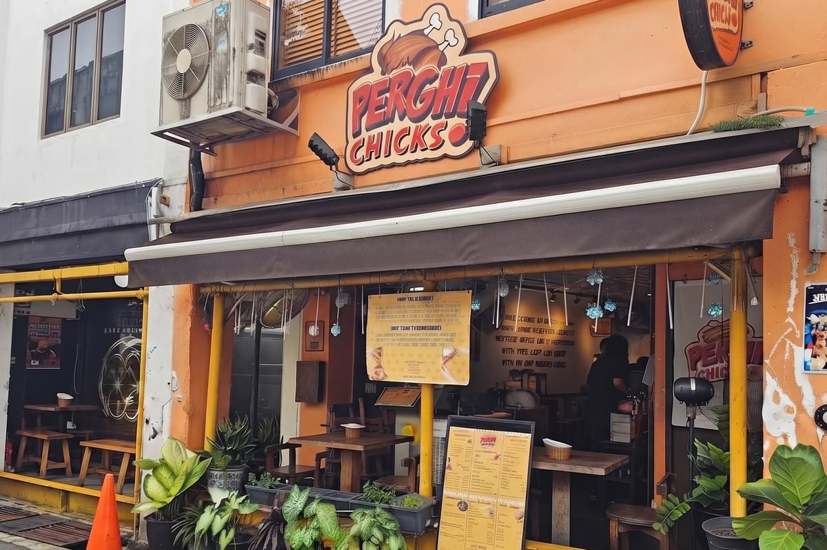 Perghi Chicks restaurant storefront with orange walls and signage Perghi Chicks restaurant storefront with orange walls and signage