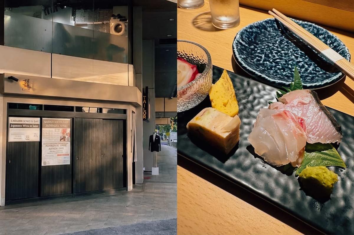 “Left: Wide-angle, eye-level view of a modern restaurant interior with blue walls, arched recessed wall features, warm wall sconces, a glowing ‘bon appetit!’ neon sign on dark tiled walls, wooden tables, upholstered chairs, and large beige floor tiles under ambient lighting. Right: Close-up, top-down view of a chirashi don bowl in a dark scalloped ceramic dish, topped with diced seafood, bright orange fish roe, red salmon roe, sliced scallions, sauce drizzles, and white rice, highlighting glossy textures and vibrant color contrast.” “Left: Wide-angle, eye-level view of a modern restaurant interior with blue walls, arched recessed wall features, warm wall sconces, a glowing ‘bon appetit!’ neon sign on dark tiled walls, wooden tables, upholstered chairs, and large beige floor tiles under ambient lighting. Right: Close-up, top-down view of a chirashi don bowl in a dark scalloped ceramic dish, topped with diced seafood, bright orange fish roe, red salmon roe, sliced scallions, sauce drizzles, and white rice, highlighting glossy textures and vibrant color contrast.”