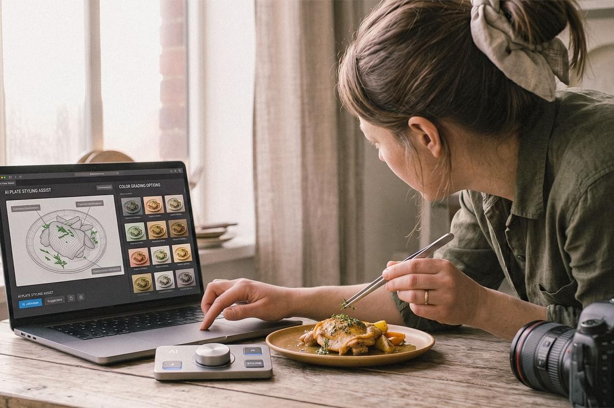 A photographer styles a plated dish while referencing AI-assisted food styling and color grading options displayed on a laptop. A photographer styles a plated dish while referencing AI-assisted food styling and color grading options displayed on a laptop.