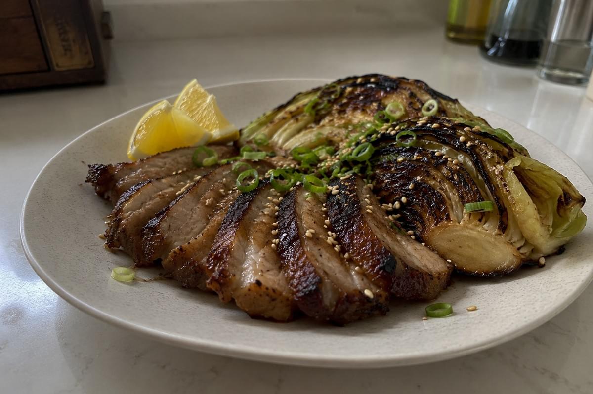 A beautiful, eye-level close-up of the fully completed dish arranged elegantly on a speckled white ceramic plate. The left side of the plate features succulent, overlapping slices of cooked pork belly with heavily charred, caramelized edges, while the right side holds a large wedge of cabbage boasting deep, black char marks along its layers from being intensely seared. The entire dish is garnished with a generous scattering of toasted sesame seeds and sliced green scallions, completed with two bright lemon wedges nestled on the upper left side of the plate. A beautiful, eye-level close-up of the fully completed dish arranged elegantly on a speckled white ceramic plate. The left side of the plate features succulent, overlapping slices of cooked pork belly with heavily charred, caramelized edges, while the right side holds a large wedge of cabbage boasting deep, black char marks along its layers from being intensely seared. The entire dish is garnished with a generous scattering of toasted sesame seeds and sliced green scallions, completed with two bright lemon wedges nestled on the upper left side of the plate.