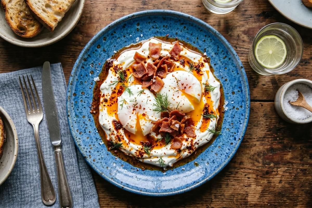 Turkish eggs (Cilbir) topped with crispy bacon and chili oil on a bed of Greek yogurt, served with toasted bread. Turkish eggs (Cilbir) topped with crispy bacon and chili oil on a bed of Greek yogurt, served with toasted bread.