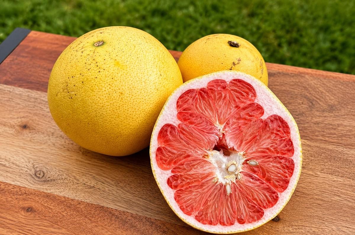 A halved pink pomelo next to two whole yellow pomelos on a wooden cutting board. A halved pink pomelo next to two whole yellow pomelos on a wooden cutting board.