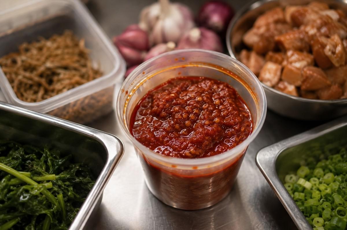 A close-up shot focuses on a clear plastic container filled with thick, seed-filled red sambal paste on a metal preparation surface. Around the container lie various ingredients in separate dishes, including whole red shallots, garlic bulbs, dark leafy greens, chopped scallions, marinated meat, and small dried fish. A close-up shot focuses on a clear plastic container filled with thick, seed-filled red sambal paste on a metal preparation surface. Around the container lie various ingredients in separate dishes, including whole red shallots, garlic bulbs, dark leafy greens, chopped scallions, marinated meat, and small dried fish.