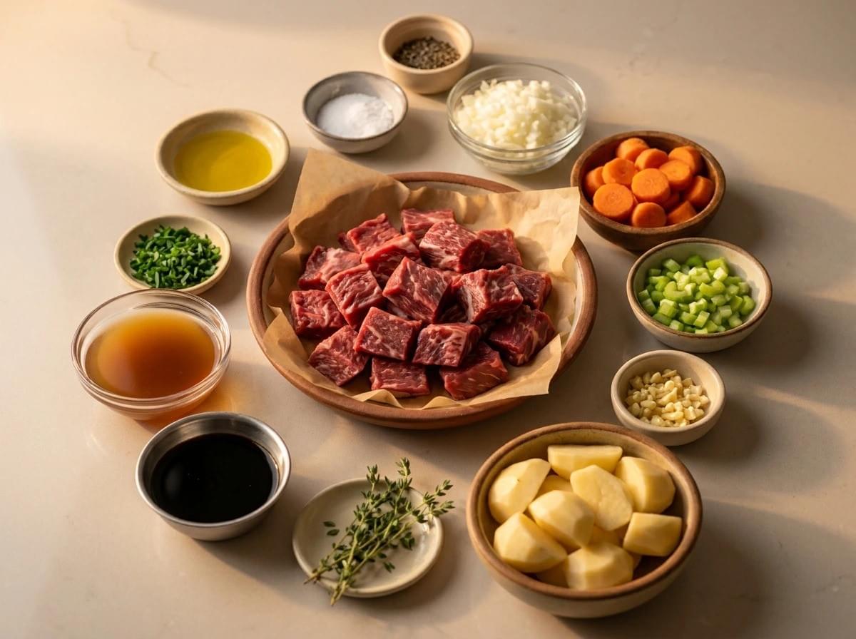 A neatly organized arrangement of prepped ingredients for a beef stew, centering around a plate of raw marbled beef cubes surrounded by small bowls of chopped potatoes, carrots, celery, onions, garlic, herbs, and liquids. A neatly organized arrangement of prepped ingredients for a beef stew, centering around a plate of raw marbled beef cubes surrounded by small bowls of chopped potatoes, carrots, celery, onions, garlic, herbs, and liquids.