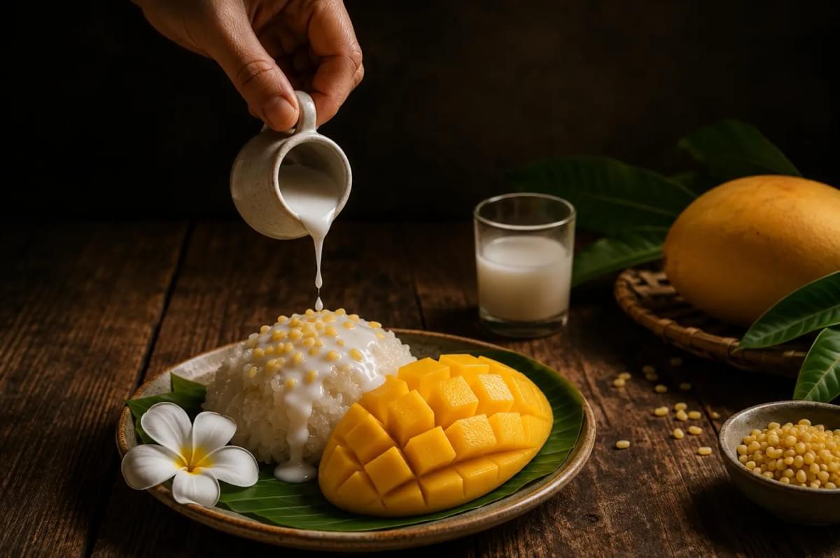 Coconut milk being poured over sticky rice paired with a cubed fresh mango half and a white orchid. Coconut milk being poured over sticky rice paired with a cubed fresh mango half and a white orchid.