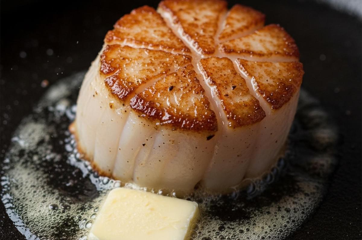 Extreme close-up of a single sea scallop with a crosshatch pattern being pan-seared in bubbling butter to achieve a golden-brown crust. Extreme close-up of a single sea scallop with a crosshatch pattern being pan-seared in bubbling butter to achieve a golden-brown crust.
