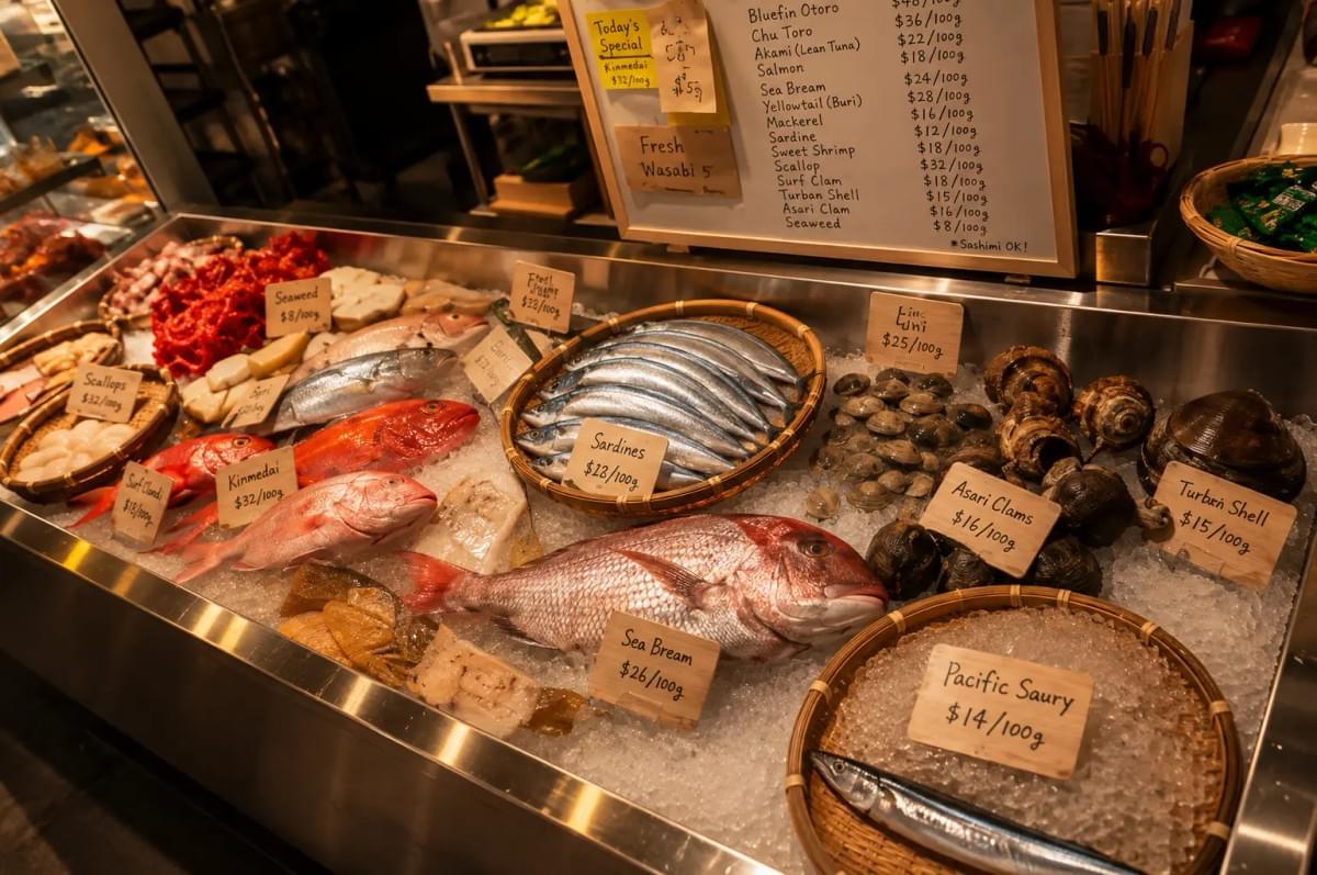 Fresh whole fish, clams, and seafood displayed on ice at a fish market counter. Fresh whole fish, clams, and seafood displayed on ice at a fish market counter.