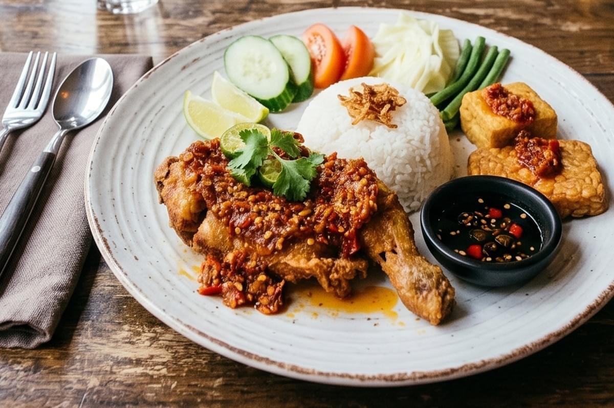 A plate of Indonesian Ayam Penyet (smash fried chicken) topped with spicy sambal, served with white rice, fried tofu, tempeh, fresh cucumbers, and a side of dipping sauce. A plate of Indonesian Ayam Penyet (smash fried chicken) topped with spicy sambal, served with white rice, fried tofu, tempeh, fresh cucumbers, and a side of dipping sauce.