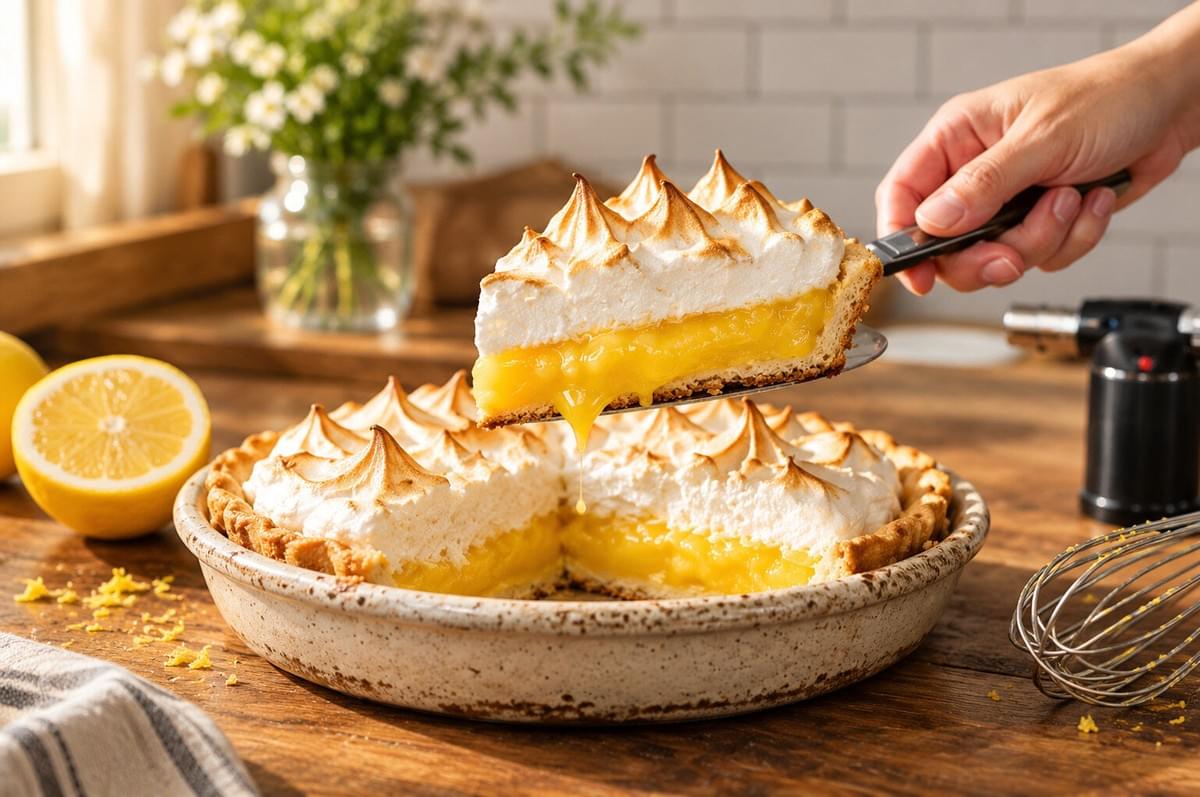 Hand lifting a slice of toasted lemon meringue pie from a pie dish using a server. Hand lifting a slice of toasted lemon meringue pie from a pie dish using a server.