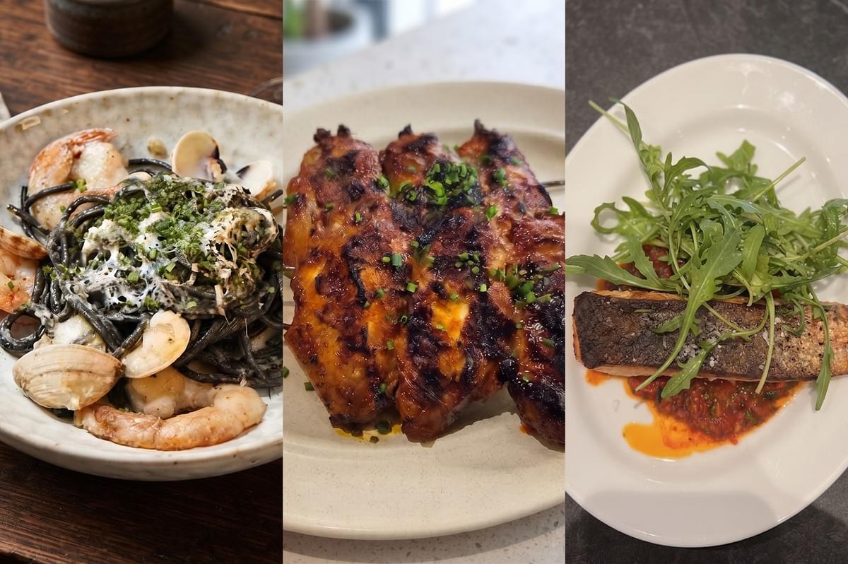 A triptych of the restaurant's signature dishes: Squid Ink Frutti di Mare, Wood-Fired Lamb Shoulder, and Atlantic Miso Cod Fish. A triptych of the restaurant's signature dishes: Squid Ink Frutti di Mare, Wood-Fired Lamb Shoulder, and Atlantic Miso Cod Fish.