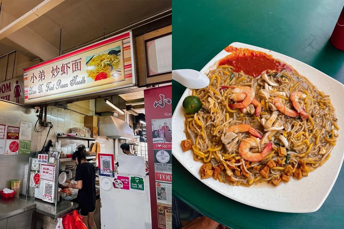 A split-screen composition featuring the storefront of Xiao Di Fried Prawn Noodle on the left, displaying its colorful pink overhead sign and kitchen counter where staff attend to orders, paired on the right with a top-down view of a serving of wet-style Hokkien mee on a square off-white plate, heavily coated in glossy rich gravy and topped with peeled prawns, squid, crispy lard croutons, a dollop of bright red sambal chili, and a calamansi lime on a green table. A split-screen composition featuring the storefront of Xiao Di Fried Prawn Noodle on the left, displaying its colorful pink overhead sign and kitchen counter where staff attend to orders, paired on the right with a top-down view of a serving of wet-style Hokkien mee on a square off-white plate, heavily coated in glossy rich gravy and topped with peeled prawns, squid, crispy lard croutons, a dollop of bright red sambal chili, and a calamansi lime on a green table.