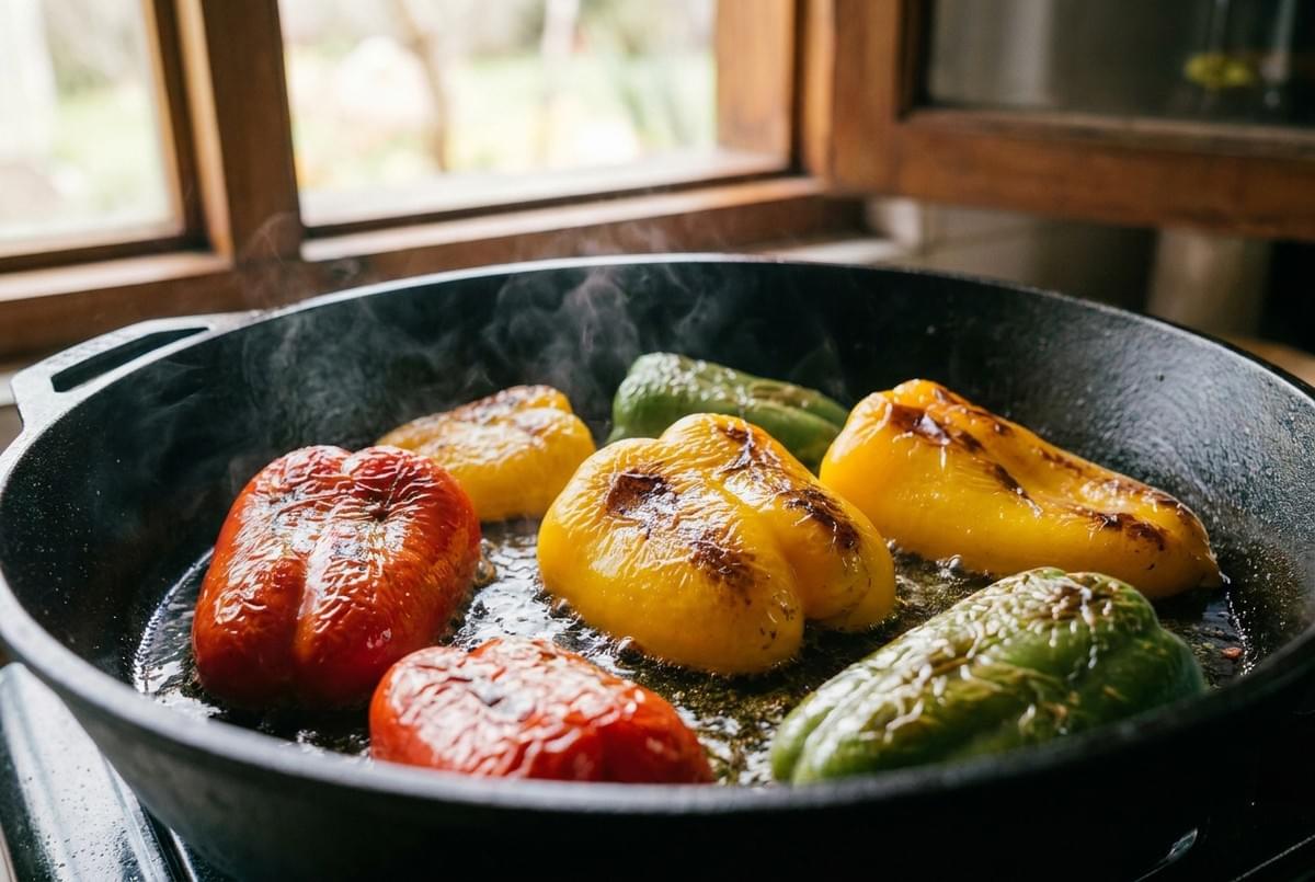 Red, yellow, and green bell pepper halves searing in a hot cast-iron skillet. Red, yellow, and green bell pepper halves searing in a hot cast-iron skillet.