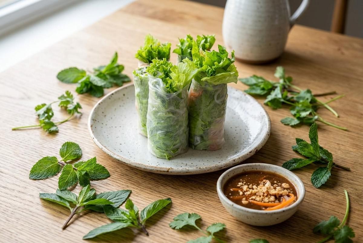 Fresh green rice paper rolls standing upright on a ceramic plate alongside peanut sauce and fresh herbs. Fresh green rice paper rolls standing upright on a ceramic plate alongside peanut sauce and fresh herbs.