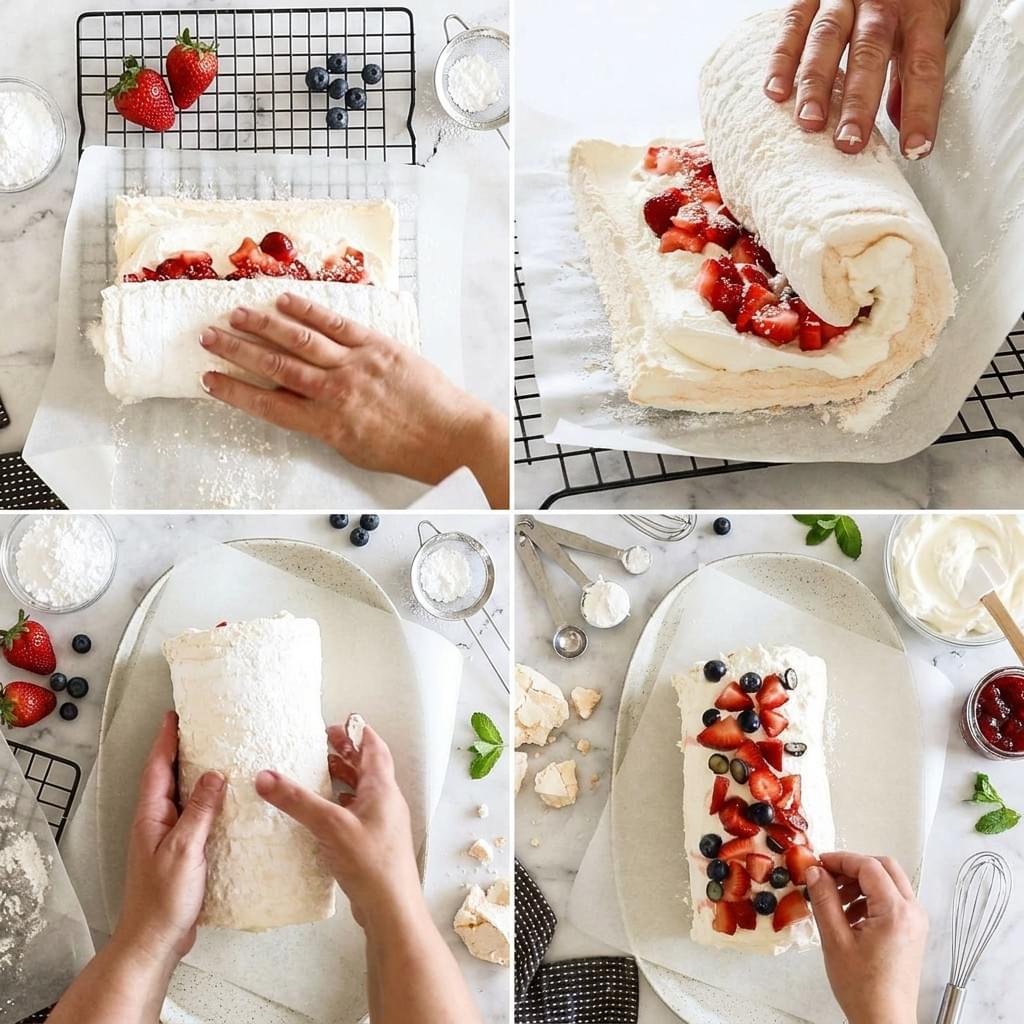 A sliced golden-brown meringue pavlova roll filled with cream, topped with fresh blackberries and a caramel drizzle, served on an elegant vintage plate next to a teacup. A sliced golden-brown meringue pavlova roll filled with cream, topped with fresh blackberries and a caramel drizzle, served on an elegant vintage plate next to a teacup.