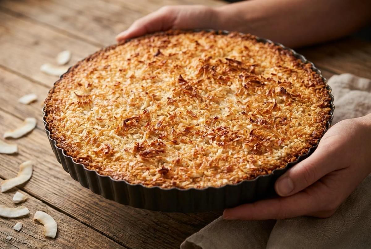 Close-up of a freshly baked, golden-brown coconut tart sitting in a fluted tart pan. Close-up of a freshly baked, golden-brown coconut tart sitting in a fluted tart pan.