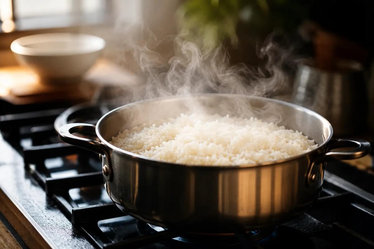 Close-up of a stainless steel pot filled with hot, freshly cooked white rice with steam rising from it on a kitchen stovetop. Close-up of a stainless steel pot filled with hot, freshly cooked white rice with steam rising from it on a kitchen stovetop.