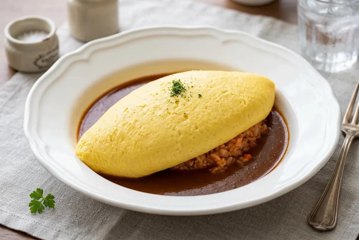 Perfect oval omurice resting over fried rice in a rimmed white bowl surrounded by rich sauce. Perfect oval omurice resting over fried rice in a rimmed white bowl surrounded by rich sauce.