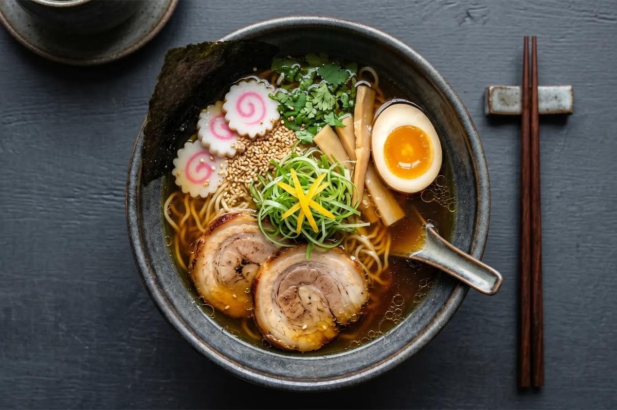 A bowl of Japanese Yuzu Shoyu clear ramen topped with chashu pork, a soft-boiled egg, and narutomaki fish cakes. A bowl of Japanese Yuzu Shoyu clear ramen topped with chashu pork, a soft-boiled egg, and narutomaki fish cakes.