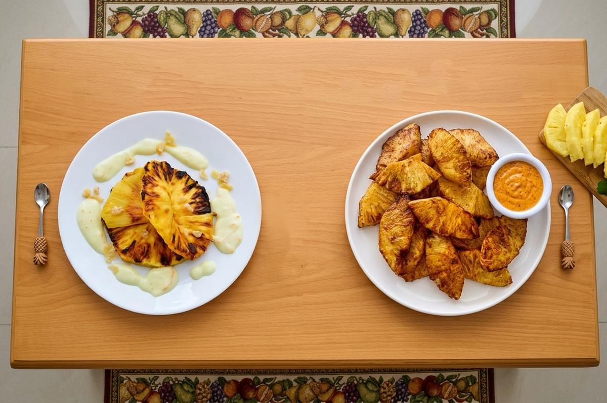 Two white plates on a wooden table featuring grilled pineapple slices with cream sauce and fried pineapple wedges with dipping sauce Two white plates on a wooden table featuring grilled pineapple slices with cream sauce and fried pineapple wedges with dipping sauce