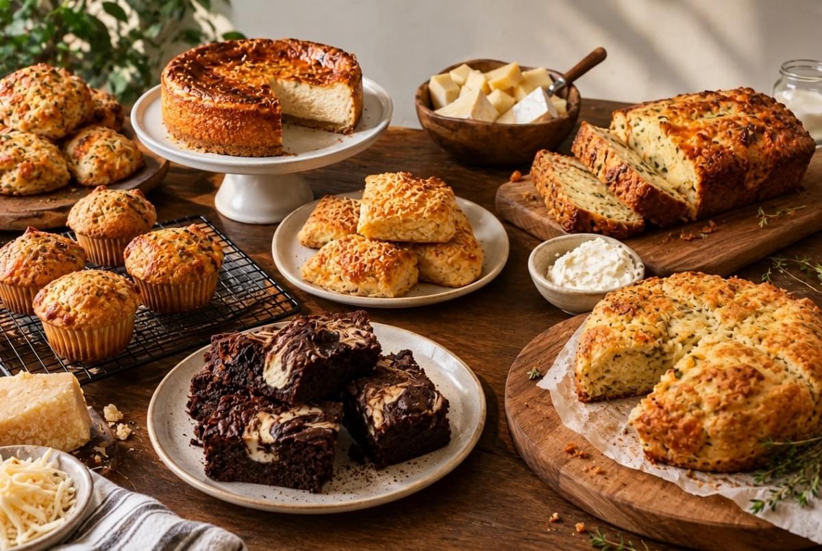 Abundant spread of baked goods including savory muffins, scones, a cheesecake, swirl brownies, and sliced bread on a rustic wooden table. Abundant spread of baked goods including savory muffins, scones, a cheesecake, swirl brownies, and sliced bread on a rustic wooden table.