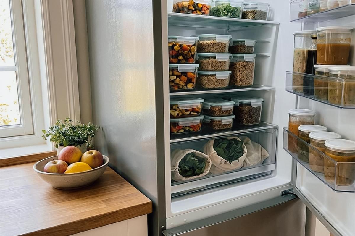 An open, well-organized refrigerator filled with meal prepped clear food storage containers containing roasted vegetables and grains, produce in reusable mesh bags in the crisper drawer, and jars on the door shelves, set next to a wooden countertop with a bowl of fresh fruit. An open, well-organized refrigerator filled with meal prepped clear food storage containers containing roasted vegetables and grains, produce in reusable mesh bags in the crisper drawer, and jars on the door shelves, set next to a wooden countertop with a bowl of fresh fruit.