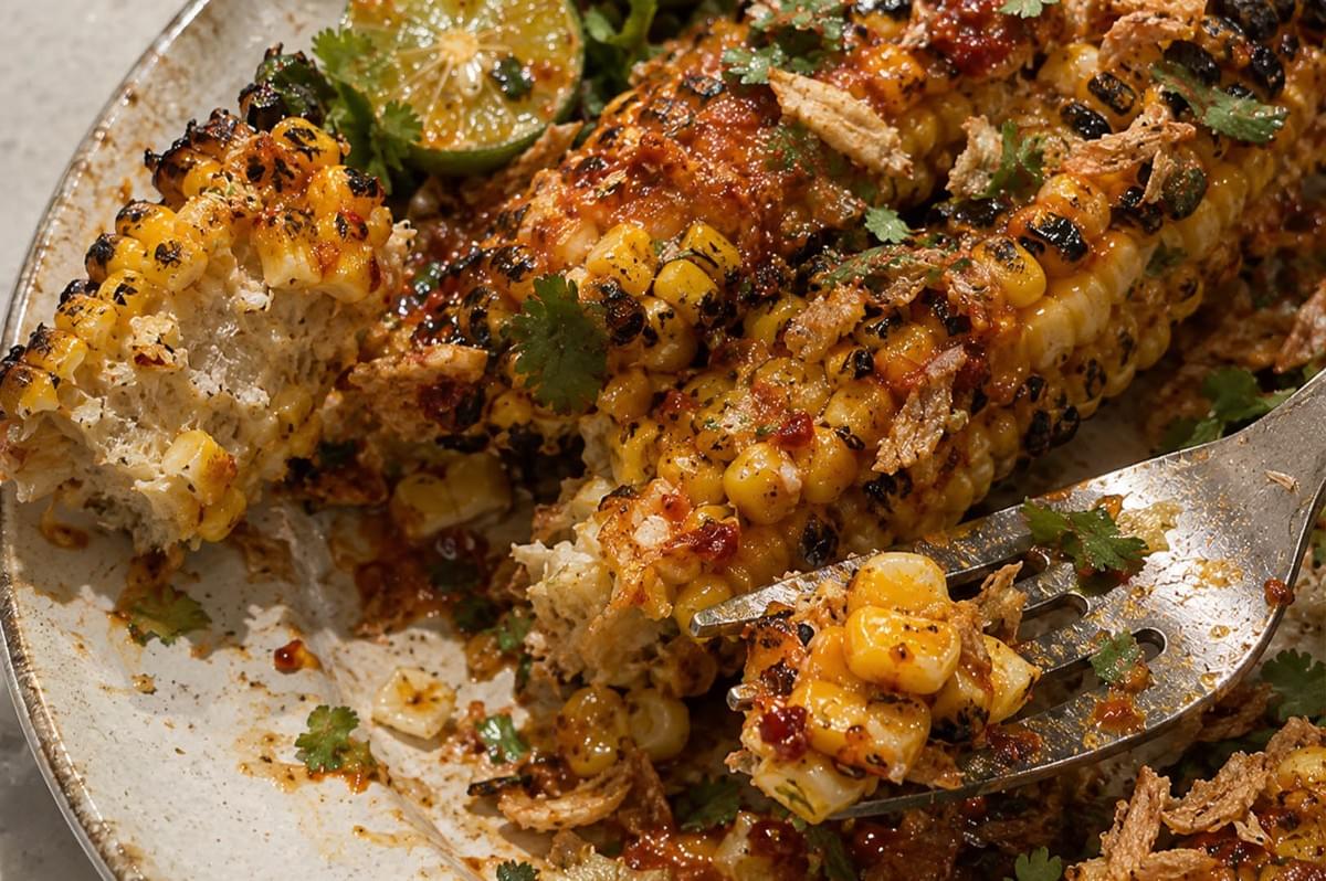 A close-up shot captures a metal fork lifting juicy, sambal-coated corn kernels off a charred cob. The platter below displays the charred corn covered in melted compound butter, chili glaze, fresh cilantro sprigs, and crunchy fried shallots. A close-up shot captures a metal fork lifting juicy, sambal-coated corn kernels off a charred cob. The platter below displays the charred corn covered in melted compound butter, chili glaze, fresh cilantro sprigs, and crunchy fried shallots.