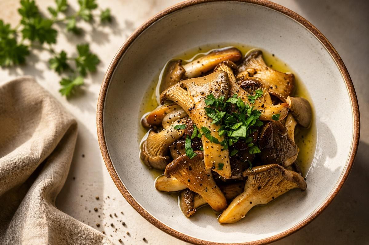 Sautéed oyster mushrooms in olive oil, seasoned with black pepper and fresh parsley, served in a ceramic bowl. Sautéed oyster mushrooms in olive oil, seasoned with black pepper and fresh parsley, served in a ceramic bowl.
