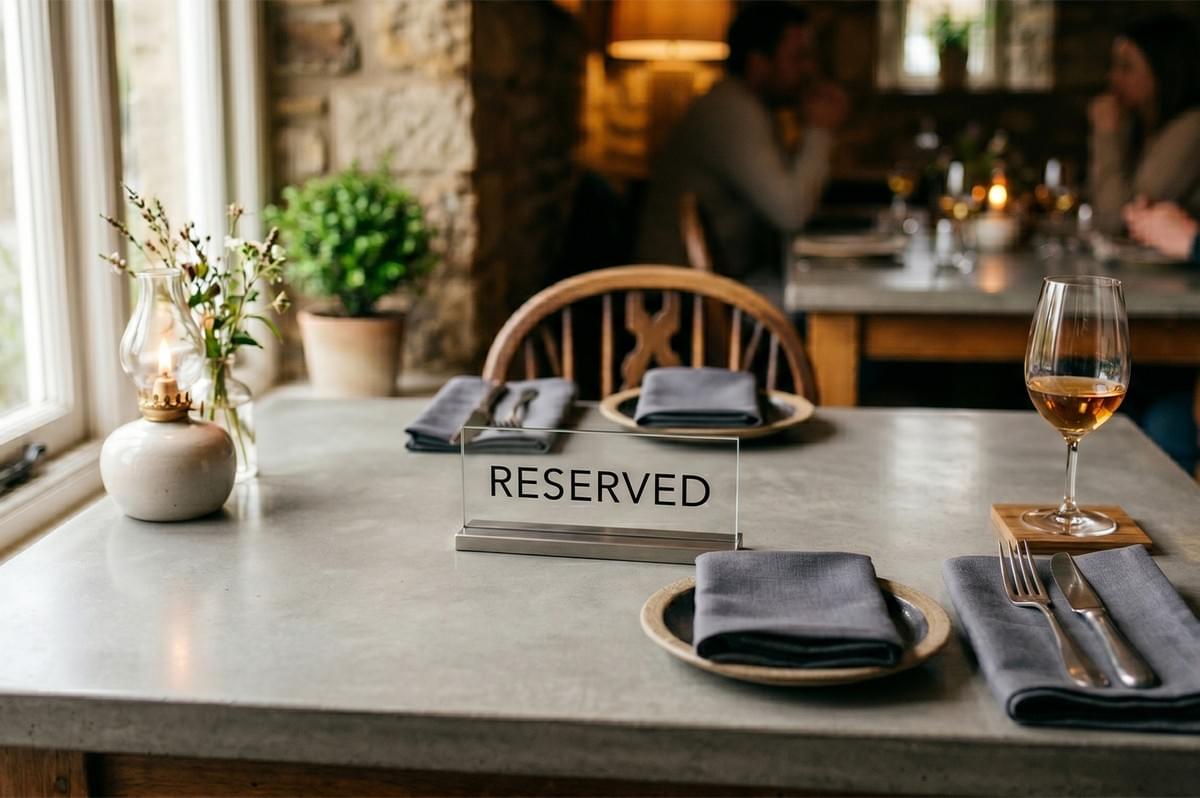 A reserved sign on a set restaurant table with grey napkins, a wine glass, and an oil lamp by the window. A reserved sign on a set restaurant table with grey napkins, a wine glass, and an oil lamp by the window.