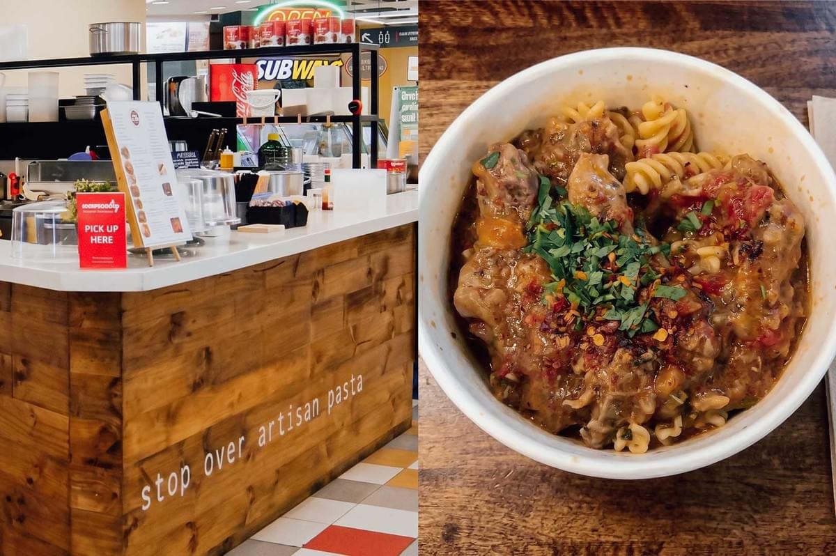 Left: A wooden food stall counter labeled "stop over artisan pasta," featuring a "PICK UP HERE" sign, a menu stand, and various condiments and supplies on the counter in front of a kitchen area. Right: A top-down view of a white bowl filled with cooked pasta spirals coated in a rich, chunky meat sauce, garnished with fresh herbs and red pepper flakes, sitting on a dark wooden surface. Left: A wooden food stall counter labeled "stop over artisan pasta," featuring a "PICK UP HERE" sign, a menu stand, and various condiments and supplies on the counter in front of a kitchen area. Right: A top-down view of a white bowl filled with cooked pasta spirals coated in a rich, chunky meat sauce, garnished with fresh herbs and red pepper flakes, sitting on a dark wooden surface.